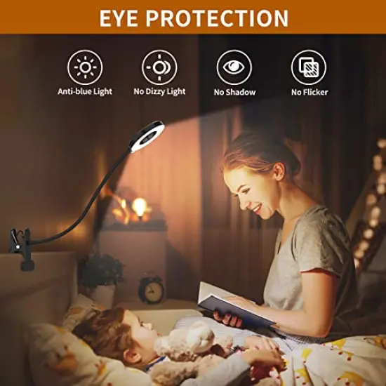 Desk Lamp, [3 Color Modes & 10 Brightness] LED Reading Light with Clamp, Flexible Gooseneck Book Light for Kids Reading Book in Bed at Night Clip on Table, Headboard, Dorm - 15.8&lsquo;&rsquo; Black {4}
