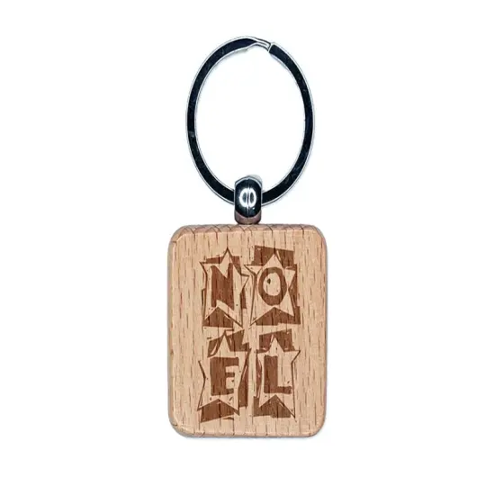 Noel in Stars Christmas Engraved Wood Square Keychain Tag Charm {1}