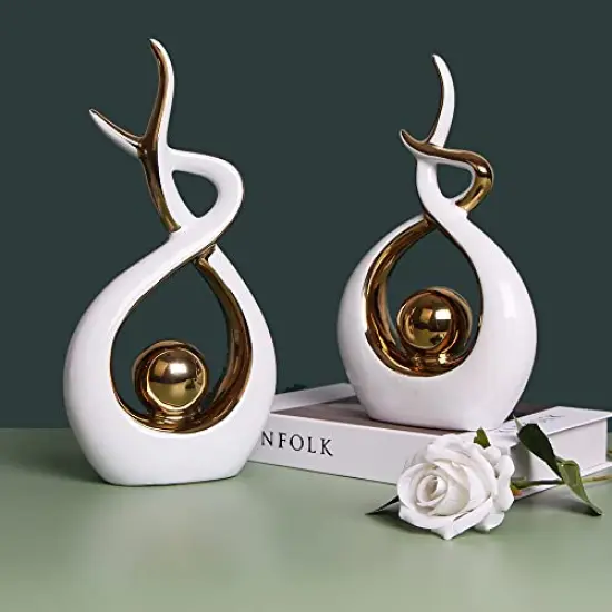 1 Pack Home Decor Modern Abstract Art Ceramic Statue Table Decorations for Dining Room Living Room Office Centerpiece (White and Gold, Small) {4}