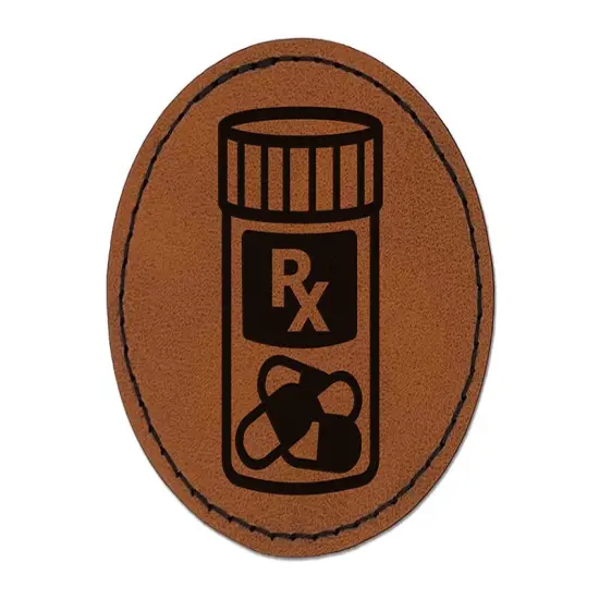 Prescription Pill Bottle Medicine Round Iron-On Engraved Faux Leather Patch Applique - 2.5" Brown {1}