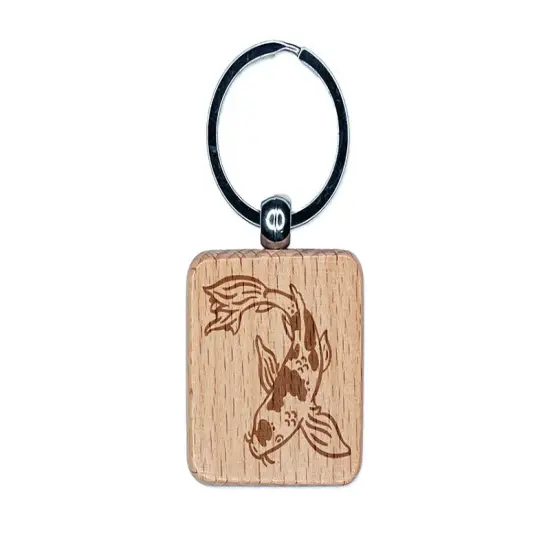 Butterfly Koi Fish Carp Engraved Wood Square Keychain Tag Charm {1}
