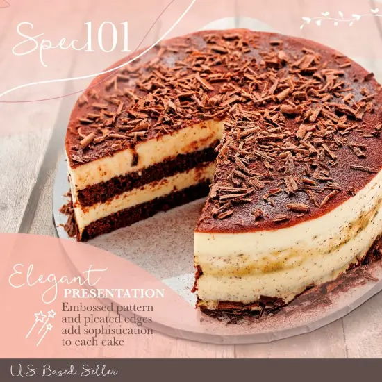 Bulk 12-pack of 10-inch round white cake drums with a 1/2-inch pleated edge. {2}