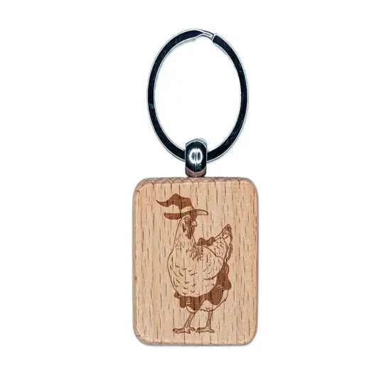 Witch Hen Halloween Holiday Chicken Engraved Wood Square Keychain Tag Charm {1}