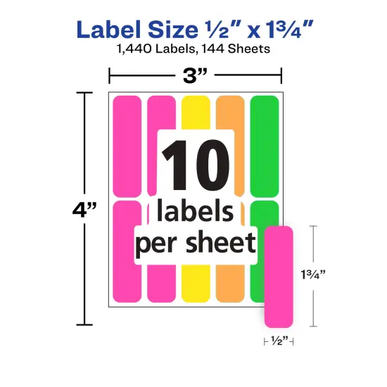Avery Color-Coding Removable Labels, 1/2" x 1-3/4", Assorted Neon Colors, Non-Printable, 8 Packs, 1,440 Blank Labels Total (21929) {4}