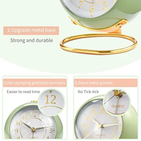 Analog Alarm Clocks,Retro Backlight Cute Simple Design Small Desk Clock with Night Light,Silent Non-Ticking,Battery Powered,for Kids,Bedroom,Travel,Kitchen,Bedside Desktop.(Green) {3}