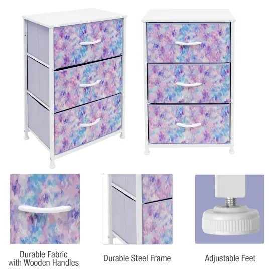 Sorbus Dresser with 3 Drawers - Bedside Furniture & Accent End Table Chest for Home, Bedroom Accessories, Office, College Dorm, Steel Frame, Wood Top, Fabric Drawers Tie Dye Purple {5}
