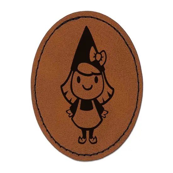 Cute Little Lady Gnome Round Iron-On Engraved Faux Leather Patch Applique - 2.5" Brown {1}