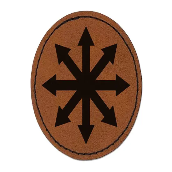 Chaos Symbol Arrows Pointing Out Round Iron-On Engraved Faux Leather Patch Applique - 2.5" Brown {1}