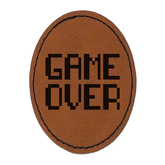 Pixel Video Game Over Text Round Iron-On Engraved Faux Leather Patch Applique - 2.5" Brown {1}