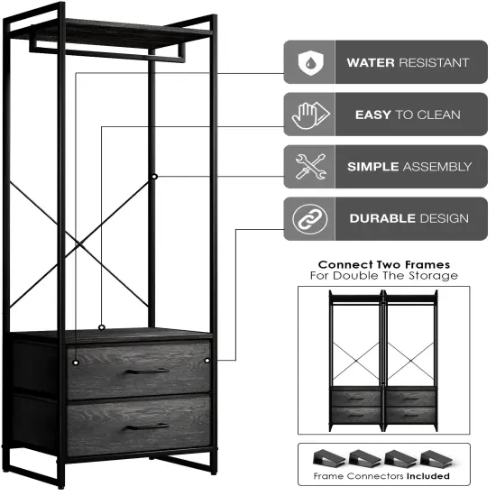 Sorbus Clothing Rack with Drawers - Clothes Stand Dresser - Wood Top, Steel Frame, & Fabric Drawers - Tall Closet Storage Organizer - Garment Rack for Hanging Shirts, Dresses, & Jackets Rustic black {3}