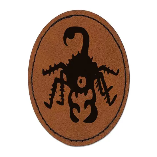 Creepy Scorpion Bug Creature Round Iron-On Engraved Faux Leather Patch Applique - 2.5" Brown {1}