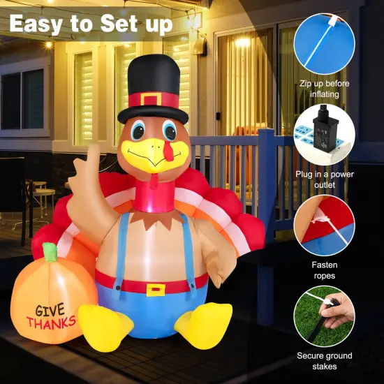6 Feet Thanksgiving Inflatable Turkey with Pumpkin Fall Harvest Decor with Lights {3}