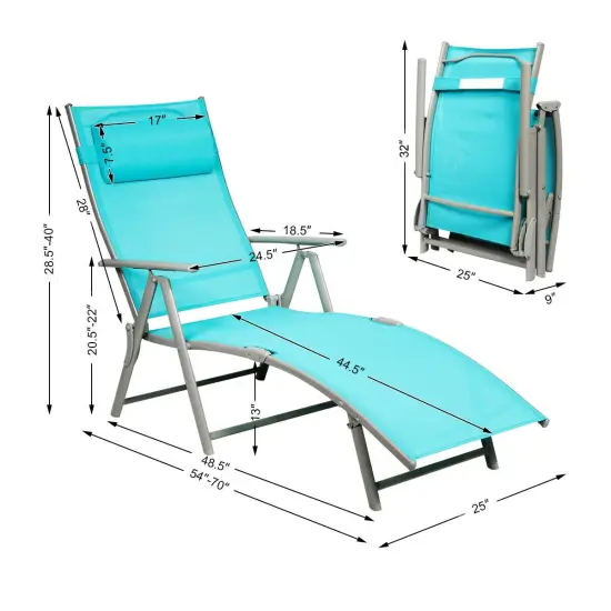 Costway Folding Chaise Lounge Chair w/Cushion Black\Gray\Turquoise {4}