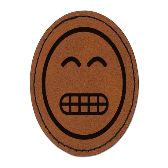 Grimace Face Sheepish Emoticon Round Iron-On Engraved Faux Leather Patch Applique - 2.5" Brown {1}