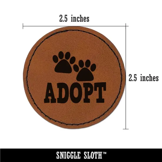 Adopt Cat Dog Paw Print Round Iron-On Engraved Faux Leather Patch Applique - 2.5" Brown {3}