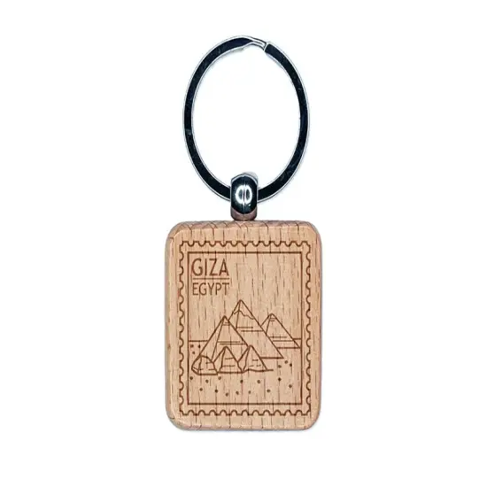Pyramids of Giza Egypt Destination Travel Engraved Wood Square Keychain Tag Charm {1}