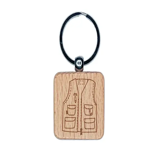 Fishing Vest Doodle Engraved Wood Square Keychain Tag Charm {1}