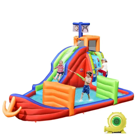 6-in-1 Pirate Ship Waterslide Kid Inflatable Castle with Water Guns {1}