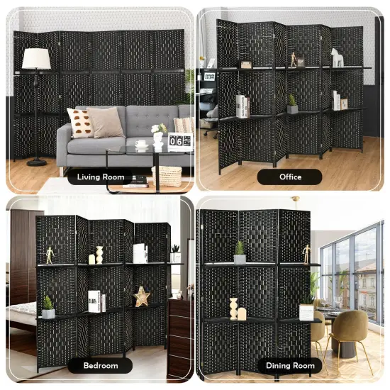 6 Panel Folding Weave Fiber Room Divider with 2 Display Shelves Black {2}