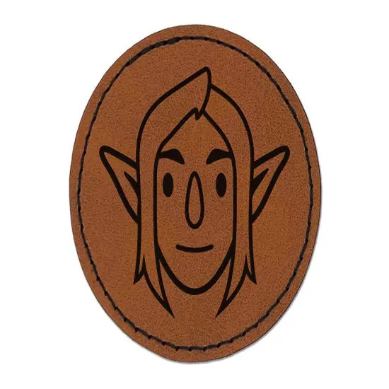 Elf Male Character Face Round Iron-On Engraved Faux Leather Patch Applique - 2.5" Brown {1}