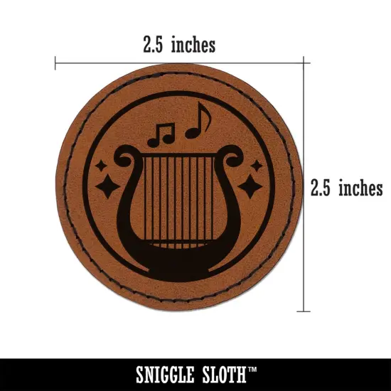 Bard Instrument Harp Lyre Round Iron-On Engraved Faux Leather Patch Applique - 2.5" Brown {3}