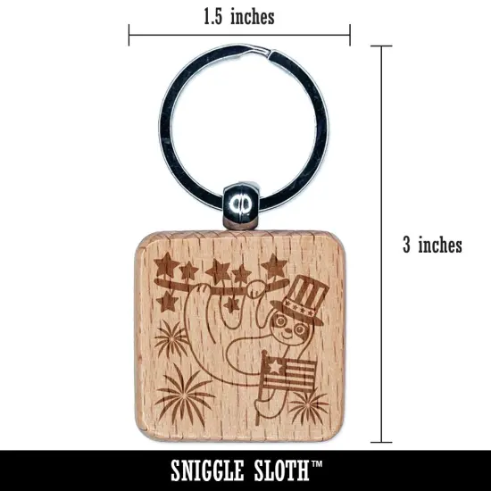 Patriotic Sloth July 4th Independence Day USA United States of America Engraved Wood Square Keychain Tag Charm {2}