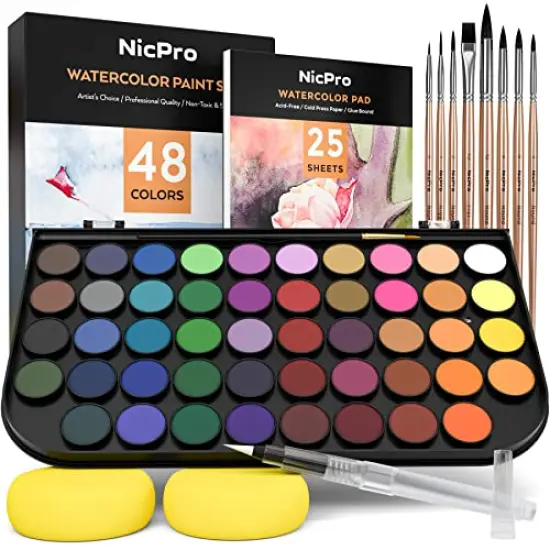 Watercolor Paint Set, 48 Water Colors Kit with 8 Squirrel Brushes, Palette, Watercolor Pen, 25 Art Pad Paper, 2 Art Sponges, Non-toxic Painting Supplies for Kids, Adults, Beginners, Artists {2}