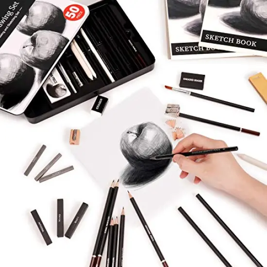 52 Piece Professional Drawing Set with 2 x 50 Page Drawing Pad, Art Supplies, Graphite Drawing Pencils and Sketch Set, Artist Sketching Tools in Tin Box Includes Charcoals,Pastels and Sharpener {3}