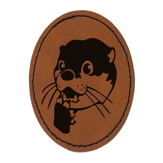Shocked Surprised Otter Head Round Iron-On Engraved Faux Leather Patch Applique - 2.5" Brown {1}