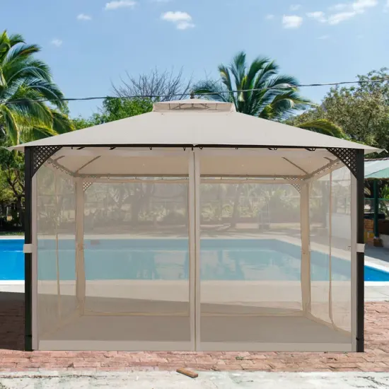 12 x 10 Feet Outdoor Double Top Patio Gazebo with Netting Beige {4}
