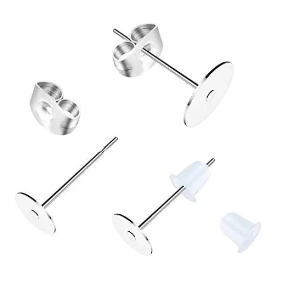 500 Pieces Earring Posts Stainless Steel, Hypoallergenic Flat Pad Earring Studs (4mm, 6mm) with Butterfly and Rubber Bullet Earring Backs for Jewelry Making Findings {6}