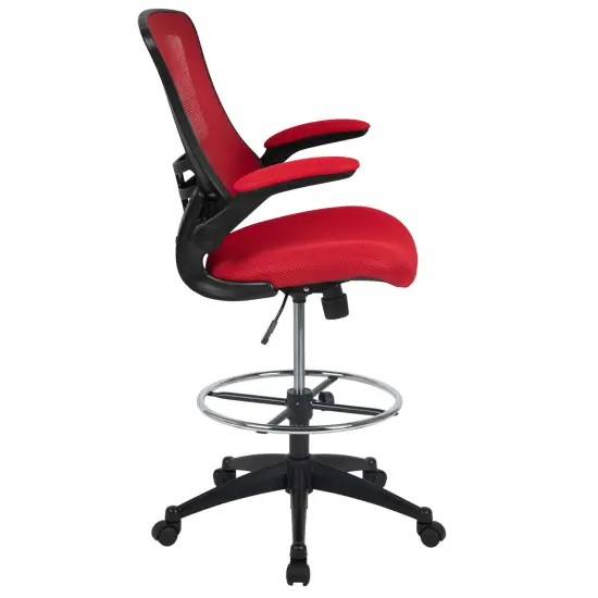 Emma and Oliver Mid-Back Mesh Ergonomic Drafting Chair with Foot Ring and Flip-Up Arms Red Mesh/Black Frame {5}
