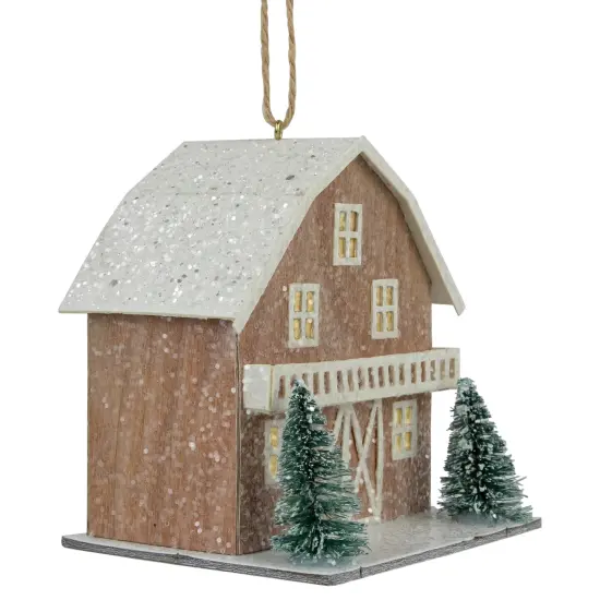 Northlight Battery Operated Lighted Rustic House with Trees Christmas Ornament - 4" - Brown Beige {6}