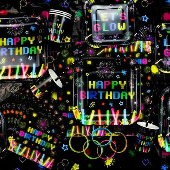 Glow Neon Party Supplies Neon Glow Plate Set Neon Balloon Glow in the Dark Happy Birthday Backdrop Glow Birthday Blacklight Party Decoration Neon Glow Birthday Tableware {3}