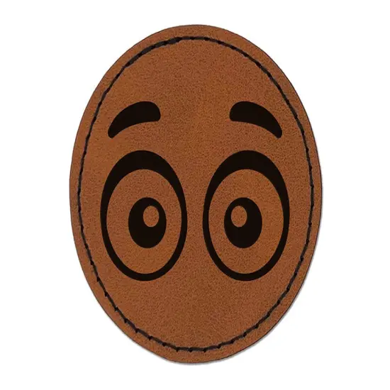 Cartoon Eyes Open Looking Forward Round Iron-On Engraved Faux Leather Patch Applique - 2.5" Brown {1}