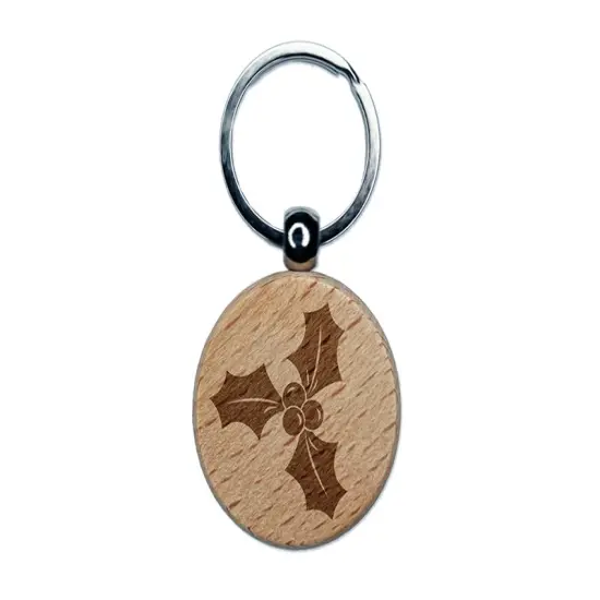 Christmas Holly Engraved Wood Round Keychain Tag Charm {1}