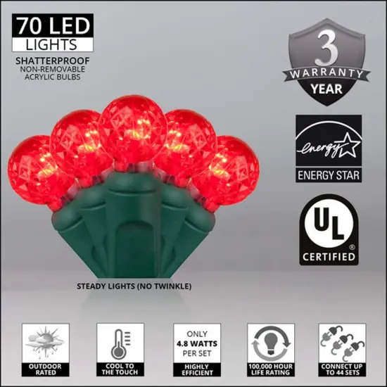 70 Red G12 LED String Lights, Green Wire, 4" Spacing {3}