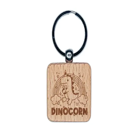 Dinocorn Dinosaur Unicorn with Rainbow Engraved Wood Square Keychain Tag Charm {1}