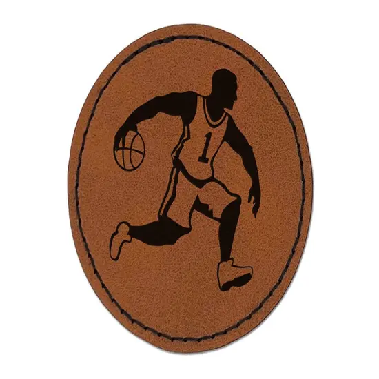 Basketball Player Dribbling Ball Running Round Iron-On Engraved Faux Leather Patch Applique - 2.5" Brown {1}