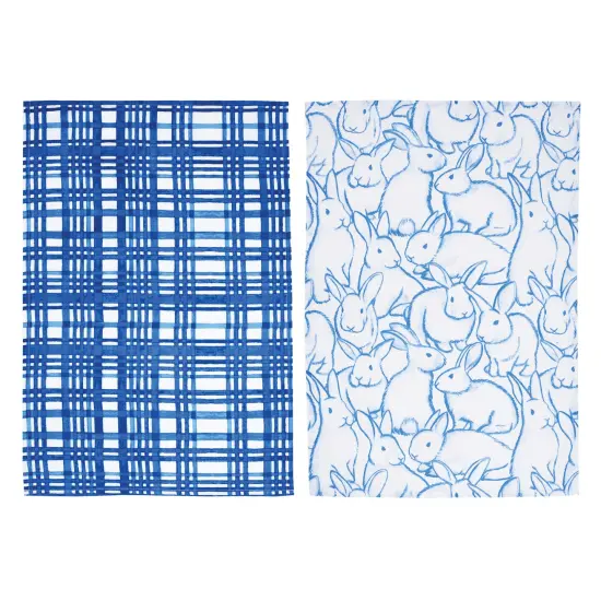 Blue Bunnies & Plaid Easter Spring Theme Kitchen Dishtowels Set of 2 {1}