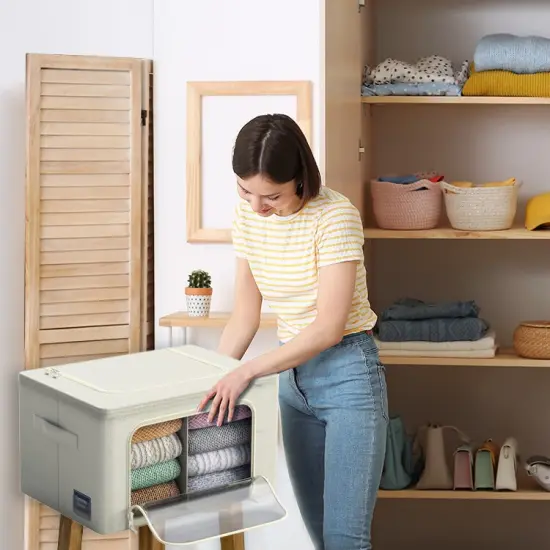 Sorbus Foldable Storage Bin Set with Divided Interior, Large Clear Window & Carry Handles - (Two Sections) Beige {6}