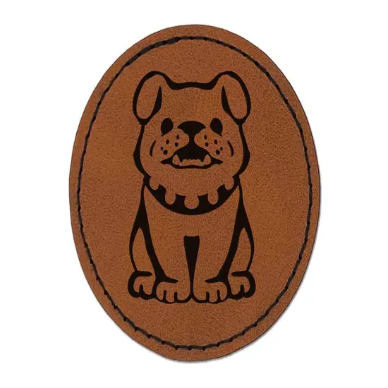 Smiling Bulldog Puppy Round Iron-On Engraved Faux Leather Patch Applique - 2.5" Brown {1}