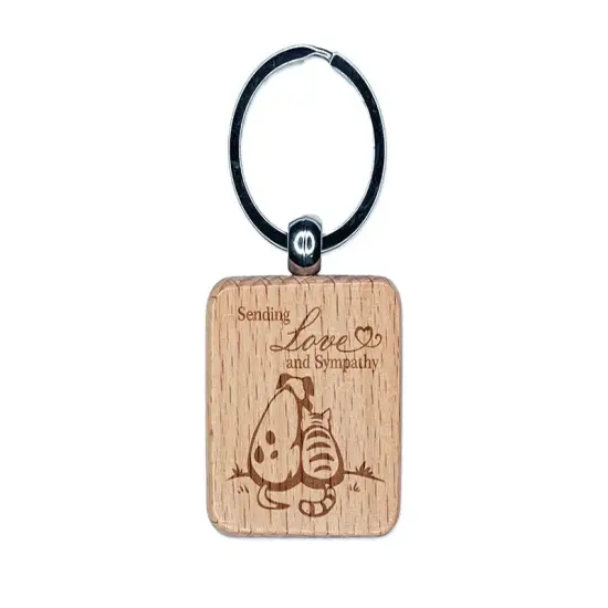 Sending Love and Sympathy Cat and Dog Engraved Wood Square Keychain Tag Charm {1}