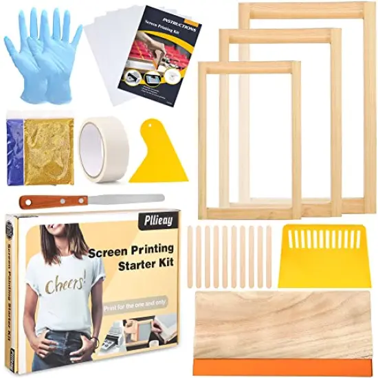26 Pcs Screen Printing Starter kit, 3 Different Size Wood Silk Screen Printing Frames with 110 Mesh, Screen Printing Squeegees, Inkjet Transparency Film, Ink Knife, Mask Tape, Fine Glitter {1}