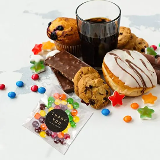 400 Pieces White Polka Dot Treat Bags Self Adhesive Candy Cookie Bags, 200 Cellophane Bags + 200 Thank You Sticker for Bakery Biscuit Chocolate Snacks Dessert (5.5x5.5Inches, White Polka Dot+Sticker) {2}