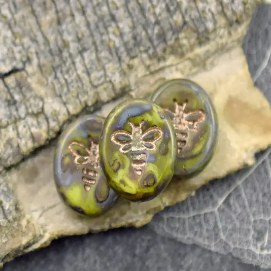 *12* 12mm Copper Washed Opaque Gaspeite Green Picasso Bee Coin Beads {3}