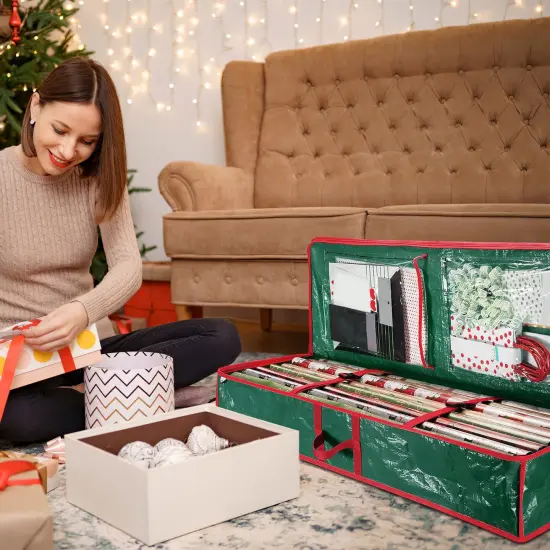 2Pcs Christmas Wrapping Paper Storage Containers Foldable Organizer with Pockets and Handles {6}