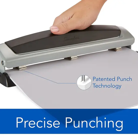 3 Hole Punch, 2- 3 Hole Adjustable Desktop Puncher, 10 Sheet Punch Capacity, Precision Pro, Black/Silver (74037) {1}