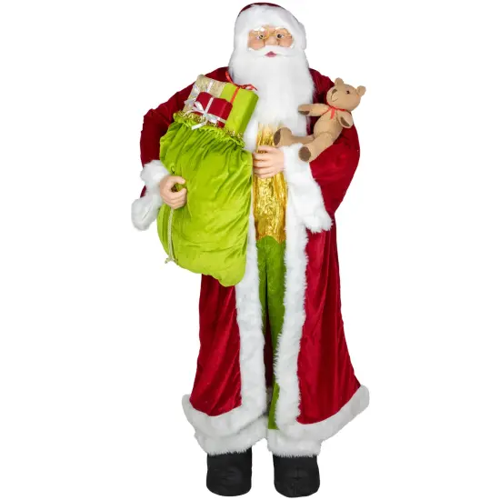 Northlight Plush Santa Claus with Teddy Bear and Gift Bag Christmas Figure - 6' - Red and Green {1}