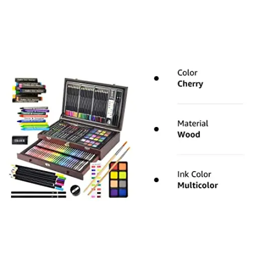 145 Piece Deluxe Art Set, Wooden Box & Drawing Kit with Crayons, Oil Pastels, Colored Pencils, Watercolor Cakes, Sketch Pencils, Paint Brush, Sharpener, Eraser, Color Chart (Cherry) {3}